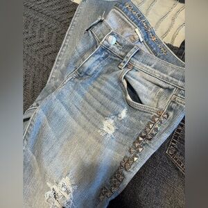 Ruehl No.925 Light Blue Distressed Studded Skinny Jeans